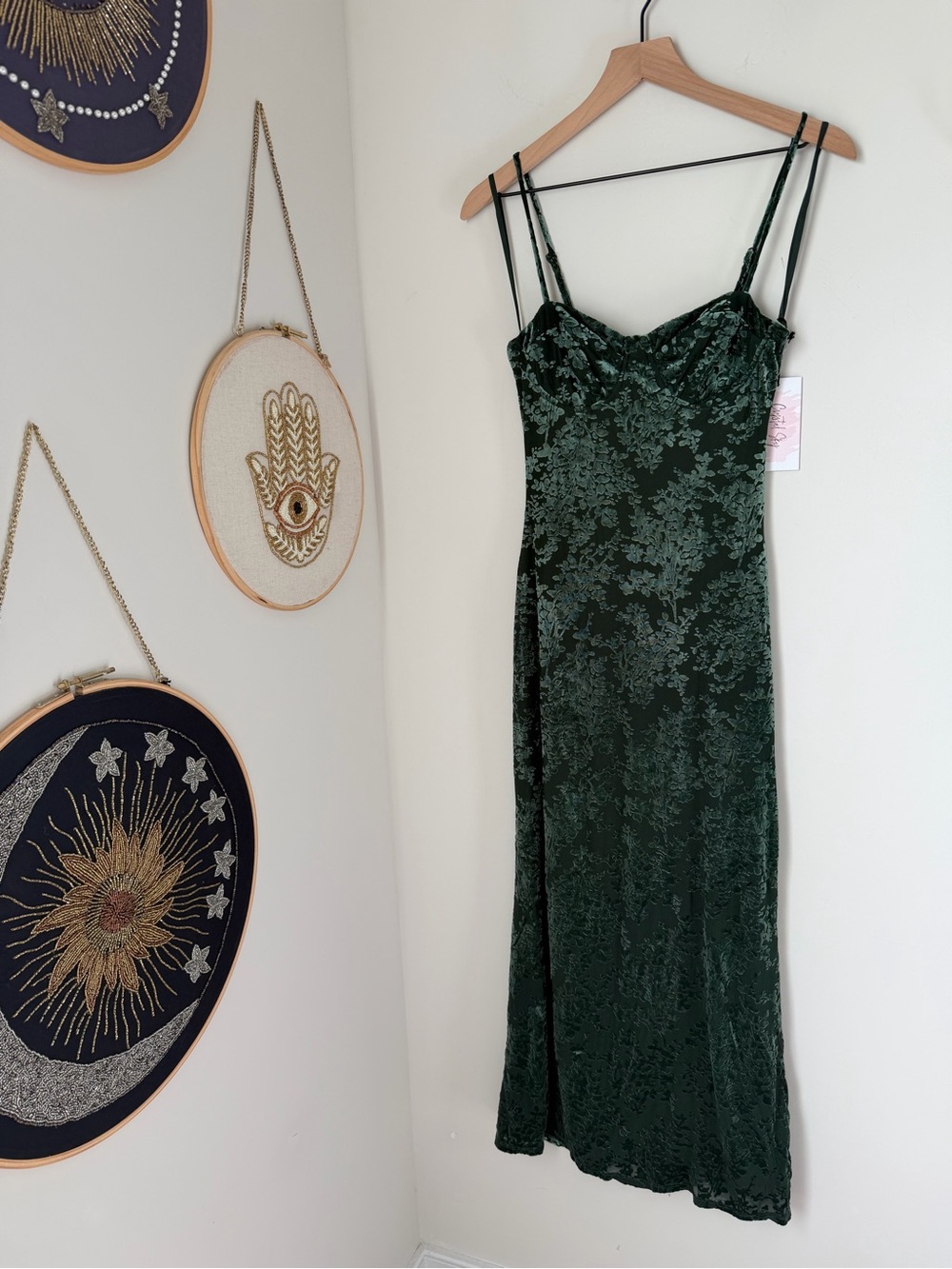 Forest Green Velvet floral print spaghetti strap Maxi Slip Dress